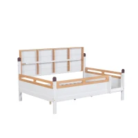 Lit pour enfant avec barrière de sécurité et grille, sans matelas, 140x200 cm, Blanc+Naturel(m-2)