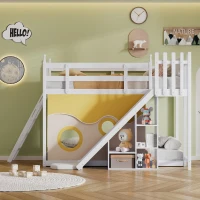 Letto a castello per bambini 6+ anni con scala, scivolo e scaffale, 90×200 cm, Bianco(m-1)
