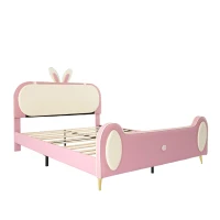 Letto Imbottito con Testiera a Forma di Coniglio e Striscia LED, Letto per Cameretta Senza Materasso, in Pelle PU e MDF, 140x200 cm, Bianco e Rosa(m-2)