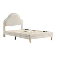 Letto Imbottito con Testiera a Nuvola e Striscia LED, 14 Doghe in Legno, Rivestimento in Velluto, Senza Materasso, 90x200 cm, Bianco(m-2)
