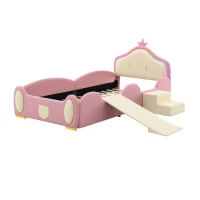 Letto Principessa con Striscia LED, Scivolo e Scala, Design Cartoon con Corona, Senza Materasso, 90x200 cm, Rosa(m-2)