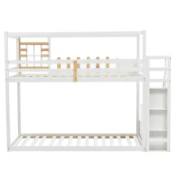 Lit superposé avec escalier, fenêtre et étagère, sans matelas, 90×200 cm, Blanc(m-12)