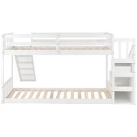 Lit superposé avec escalier et toboggan, lit pour enfants avec 2 tiroirs, sans matelas, 90x200 cm, Blanc(m-12)