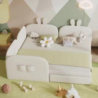 Canapé lit lapin, lit pour enfants, 2 lits simples, cadre rembourré, sans matelas, 90x200 cm & 180x200 cm, Beige(m-1)