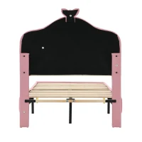 Lit rembourré avec bande LED et nœud rose, sans matelas, 90×200 cm, Blanc+Rose(m-11)