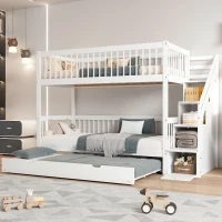 Lit superposé avec lit gigogne et armoire à échelle, sans matelas, 90x190 cm & 90x200 cm, Blanc(m-4)