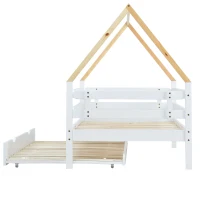 Lit cabane avec lit gigogne et roulettes, sans matelas, 90x200 & 90x190 cm, Blanc(m-10)