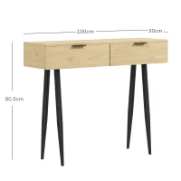 HOMCOM Consolă de Intrare cu 2 Sertare, Masă Consolă din Lemn cu Picioare din Oțel, 100x30x80,5 cm, Lemn Natural(m-3)