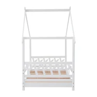 Lit maison en bois avec barrière et sommier à lattes,sans matelas, 90x200 cm, Blanc(m-9)