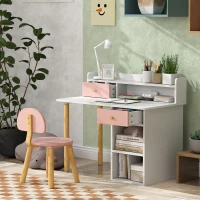 AIYAPLAY 2 Pieces Children Study Table with Hutch, Kids Desk and Chair Set with Storage Drawer, Shelves - Pink(m-9)