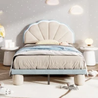 Lit rembourré avec bandes lumineuses multicolores et tête de lit ondulée, sans matelas, 90×200 cm, Bleu+Crème(m-4)