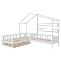 Letto per bambini con cassetti e scaffali, struttura a L, senza materasso, 90x200 cm+140x70 cm, Bianco(m-10)