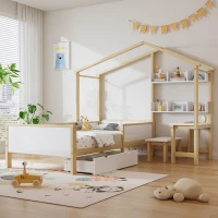 Lit pour enfant en forme de maison avec tiroirs et étagères, sans matelas, 90x200 cm, Blanc(m-4)