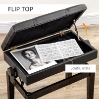 HOMCOM Scaun pentru Pian cu Înălțime Reglabilă și Spațiu de Depozitare, 63x35x46-56 cm, Negru(m-7)