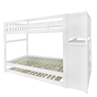 Lit superposé avec trois couchages et quatre tiroirs,escalier sécurisé, sans matelas, 90x200 cm & 90x190 cm, Blanc(m-11)