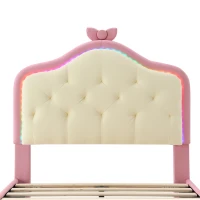 Lit rembourré avec bande LED et nœud rose, sans matelas, 90×200 cm, Blanc+Rose(m-6)