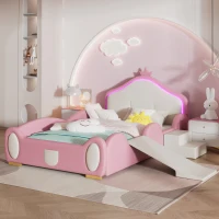 Letto Principessa con Striscia LED, Scivolo e Scala, Design Cartoon con Corona, Senza Materasso, 90x200 cm, Rosa(m-1)