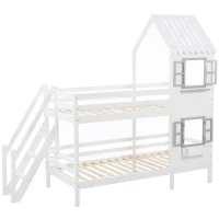 Lit superposé avec main courante et fenêtre, lit maison, lit enfant avec protection contre les chutes et grille, sans matelas, 90×200 cm, Blanc(m-2)