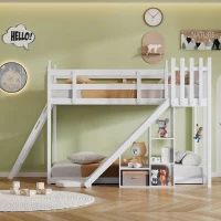 Letto a castello per bambini 6+ anni con scala, scivolo e scaffale, 90×200 cm, Bianco(m-5)