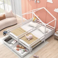Letto a Casetta con 2 Cassetti su Ruote, Letto per Cameretta, Rete a Doghe, Senza Materasso, in Legno, 200×90 cm, Bianco(m-6)