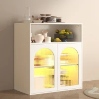 Credenza con anta in vetro e luce LED, Mobiletto per Cucina, Casa, Soggiorno, Bianco(m-1)