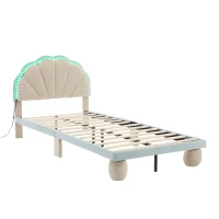 Lit rembourré avec bandes lumineuses multicolores et tête de lit ondulée, sans matelas, 90×200 cm, Bleu+Crème(m-2)