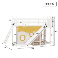 Letto a castello per bambini 6+ anni con scala, scivolo e scaffale, 90×200 cm, Bianco(m-3)