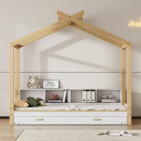 Letto per bambini con quattro scomparti a scaffale e letto estraibile, letto a casetta, 90x200 cm & 90x190 cm, Bianco+naturale(m-1)
