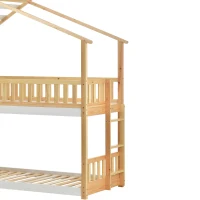 Lit superposé avec échelle perpendiculaire et protection contre les chutes, lit cabane, cadre en bois, sans matelas, 200x90 cm, Blanc+naturelle(m-7)