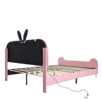 Letto Imbottito con Testiera a Forma di Coniglio e Striscia LED, Letto per Cameretta Senza Materasso, in Pelle PU e MDF, 140x200 cm, Bianco e Rosa(m-14)