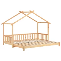 Lit cabane extensible, avec garde-corps sur trois côtés, sans matelas, 200x90 cm, naturel(m-2)