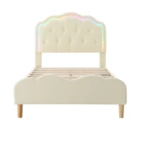 Letto Imbottito con Striscia LED, Testiera Ondulata e Doghe In Legno, Letto per Cameretta in PU, Senza Materasso, 90×200 cm, Bianco(m-14)