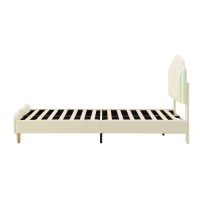 Lit rembourré avec tête de lit ondulée et bande LED, lit pour enfants avec lattes en bois, sans matelas, 90×200 cm, Blanc(m-10)