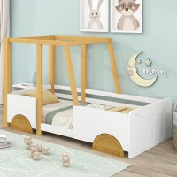 Letto Montessori a Forma di Jeep con Ruote e Sponde Protettive, Letto per Cameretta, Senza Materasso, in Legno e MDF, 90x200 cm, Bianco(m-1)