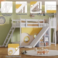Letto a castello per bambini 6+ anni con scala, scivolo e scaffale, 90×200 cm, Bianco(m-4)