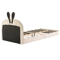 Letto imbottito con testiera a forma di coniglio, letto per bambini con doghe in legno, senza materasso, 90×200 cm, Beige(m-10)