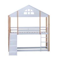 Lit superposé avec fenêtres et toboggan, sans matelas, 90x200 cm, Blanc(m-10)