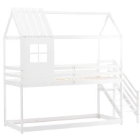 Lit superposé avec escalier d'angle et fenêtre, lit pour enfants avec protection contre les chutes et barrière, sans matelas, 200x90 cm, Blanc(m-2)