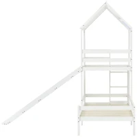 Letto a Casetta con Scivolo, Letto a Castello con Protezione Anticaduta e Sponde, Senza Materasso, in Legno, 200x90cm & 100x90cm, Bianco(m-12)