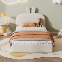 Letto imbottito con testiera a forma di coniglio, letto per bambini con doghe in legno, senza materasso, 90×200 cm, Beige(m-1)