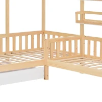 Letto per bambini a forma di casetta con cassetti e scaffali, senza materasso, 90x200 cm + 140x70 cm,naturale(m-9)