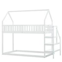 Lit superposé avec escalier et barrière de sécurité, lit cabane, sans matelas, 90x200 cm, Blanc(m-10)