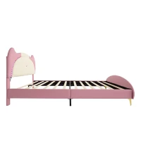 Letto Imbottito con Striscia LED e Doghe in Legno, Letto con Testiera, Rivestimento in Pelle PU, Senza Materasso, 140×200 cm, Bianco e Rosa(m-13)