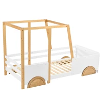 Letto Montessori a Forma di Jeep con Ruote e Sponde Protettive, Letto per Cameretta, Senza Materasso, in Legno e MDF, 90x200 cm, Bianco(m-11)
