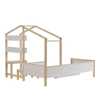 Lit pour enfant en forme de maison avec tiroirs et étagères, sans matelas, 90x200 cm, Blanc(m-11)