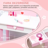 ZONEKIZ Set de Masa de Machiaj cu Scaun si Oglinda si Sertar, din Lemn MDF, pentru Copii de 3-6 Ani, Alb si Roz(m-5)