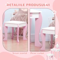 ZONEKIZ Set de Masa de Machiaj cu Scaun si Oglinda si Sertar, din Lemn MDF, pentru Copii de 3-6 Ani, Alb si Roz(m-6)