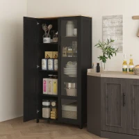 HOMCOM Dulap de Bucătărie cu 9 Rafturi Reglabile, cu Uși de Sticlă și Bază Înălțată din Lemn, 76x36x160 cm, Negru(m-2)