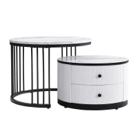 High Gloss Nesting Coffee Table with Marble Pattern Top, Storage Drawers, Modern Round Side Tables for Living Room, White+Black(m-2)