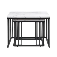 2 Piece High Gloss Coffee Table with Nesting Tables, Marble Side Table with Metal Frame, 60L x 60W x 45H cm, White+Black(m-13)
